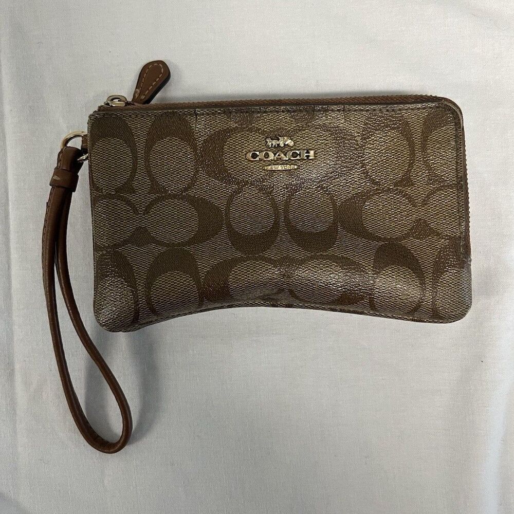 Coach Brown Signature Logo Double Zip Wristlet Wallet for Women